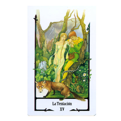 Tarot card titled 'La Tentacion' featuring two people in a forest with a fox.