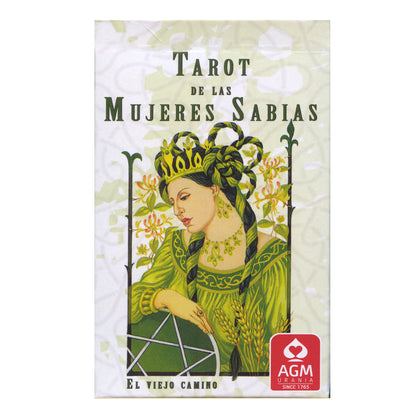 Tarot card set packaging with a woman in green attire and floral design, featuring the brand 'AGM'. Title is Tarot de Las Mujeres Sabias"