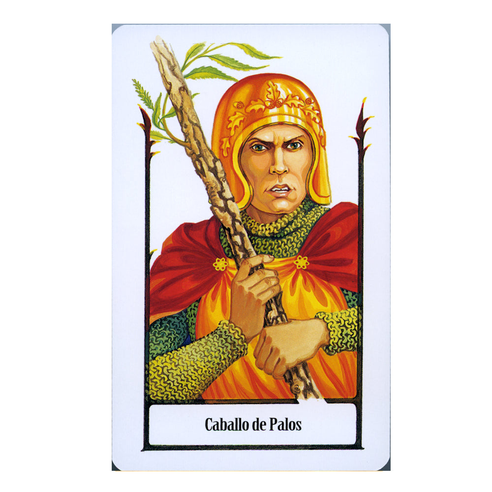 Card featuring a character with a staff, labeled 'Caballo de Palos', on a white background