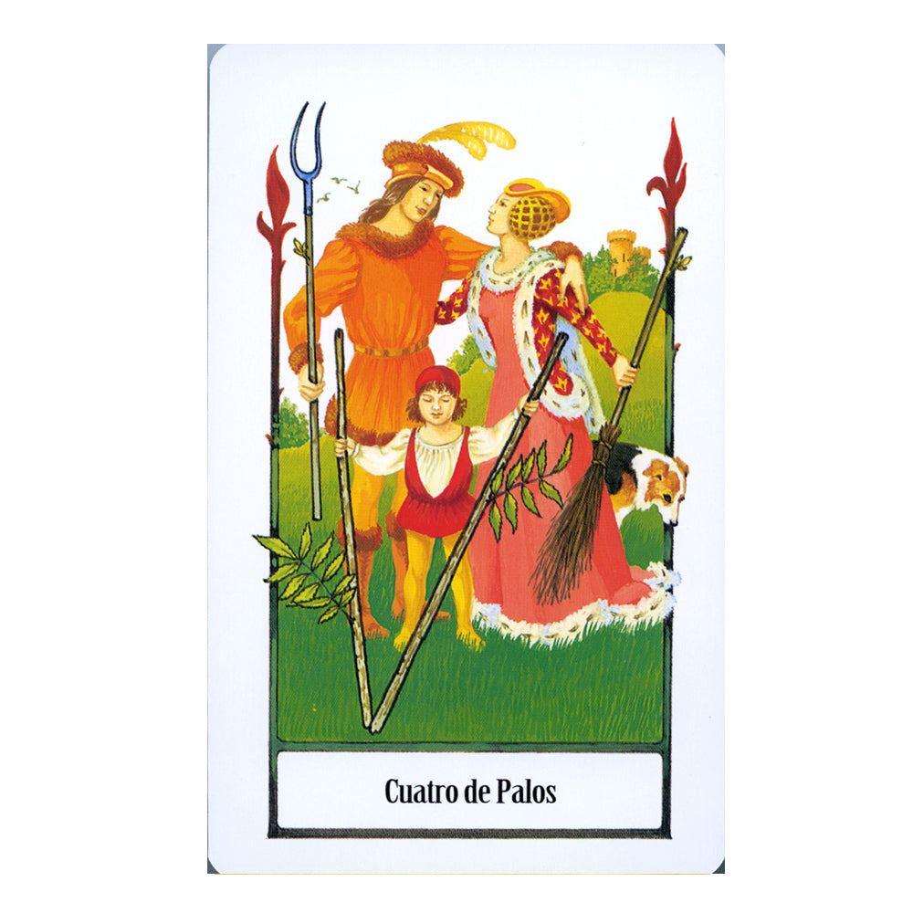 Card from a tarot deck with two people and a child holding sticks, labeled 'Cuatro de Palos'.