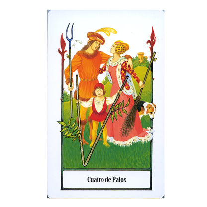 Card from a tarot deck with two people and a child holding sticks, labeled 'Cuatro de Palos'.