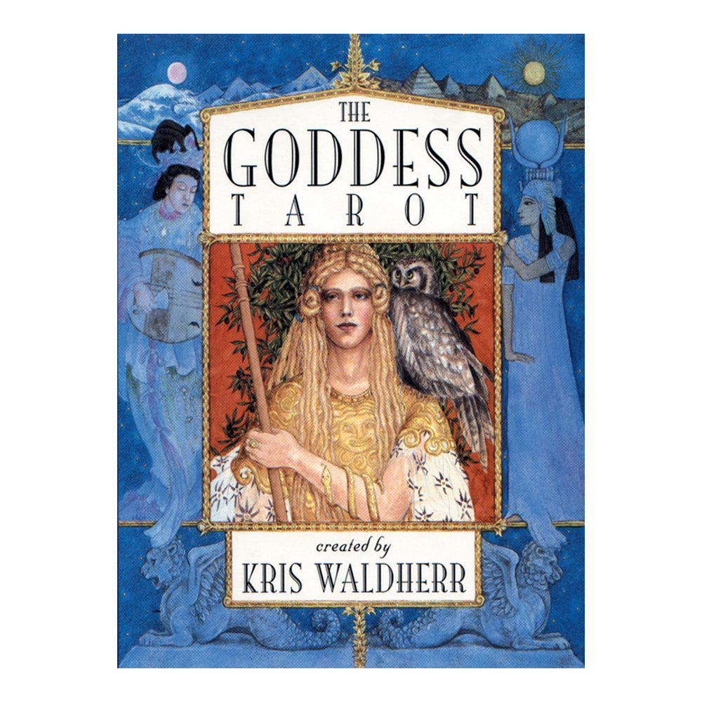 Cover of 'The Goddess Tarot' with a central figure holding an owl, flanked by two other figures against a blue background.