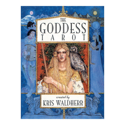 Cover of 'The Goddess Tarot' with a central figure holding an owl, flanked by two other figures against a blue background.