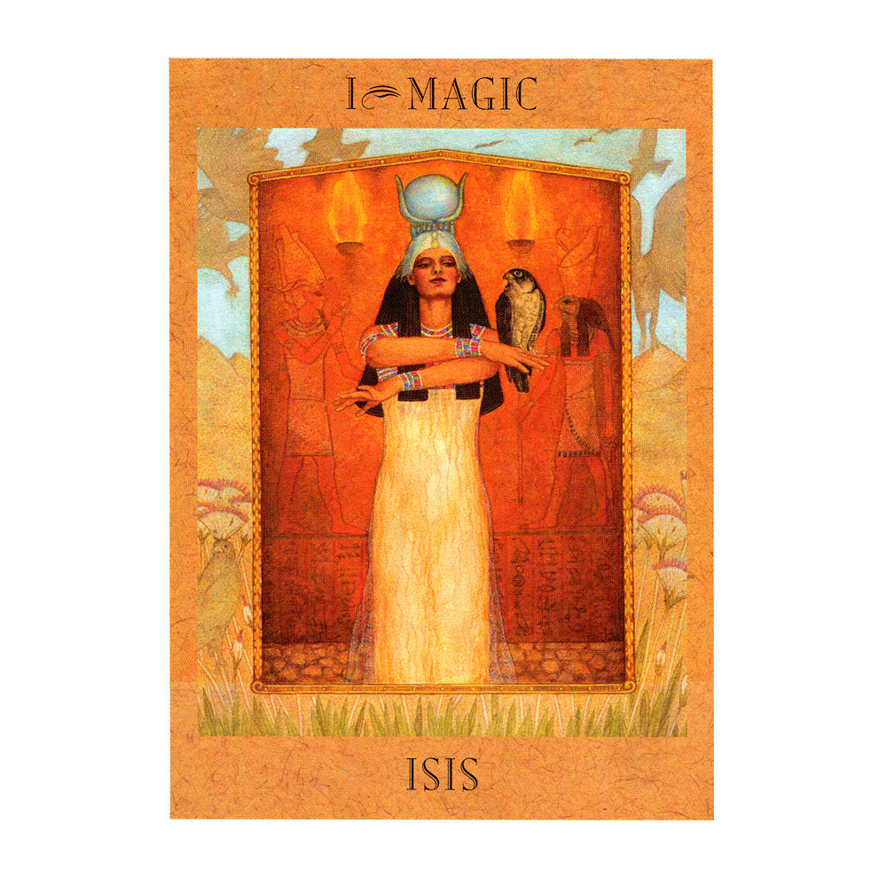 Card featuring the goddess Isis with a falcon on an orange background, labeled 'Magic'.