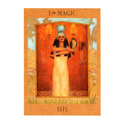 Card featuring the goddess Isis with a falcon on an orange background, labeled 'Magic'.