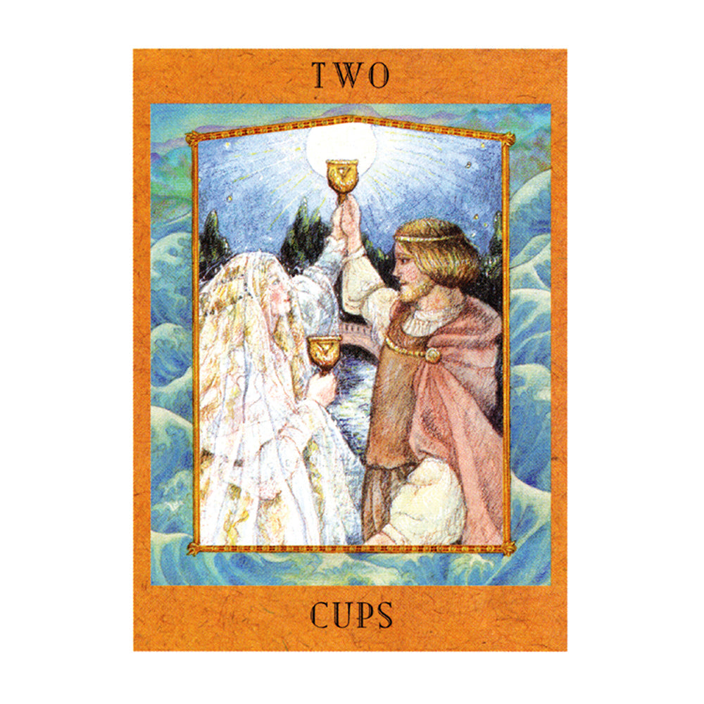 Tarot card featuring two figures holding cups with a snowy landscape background