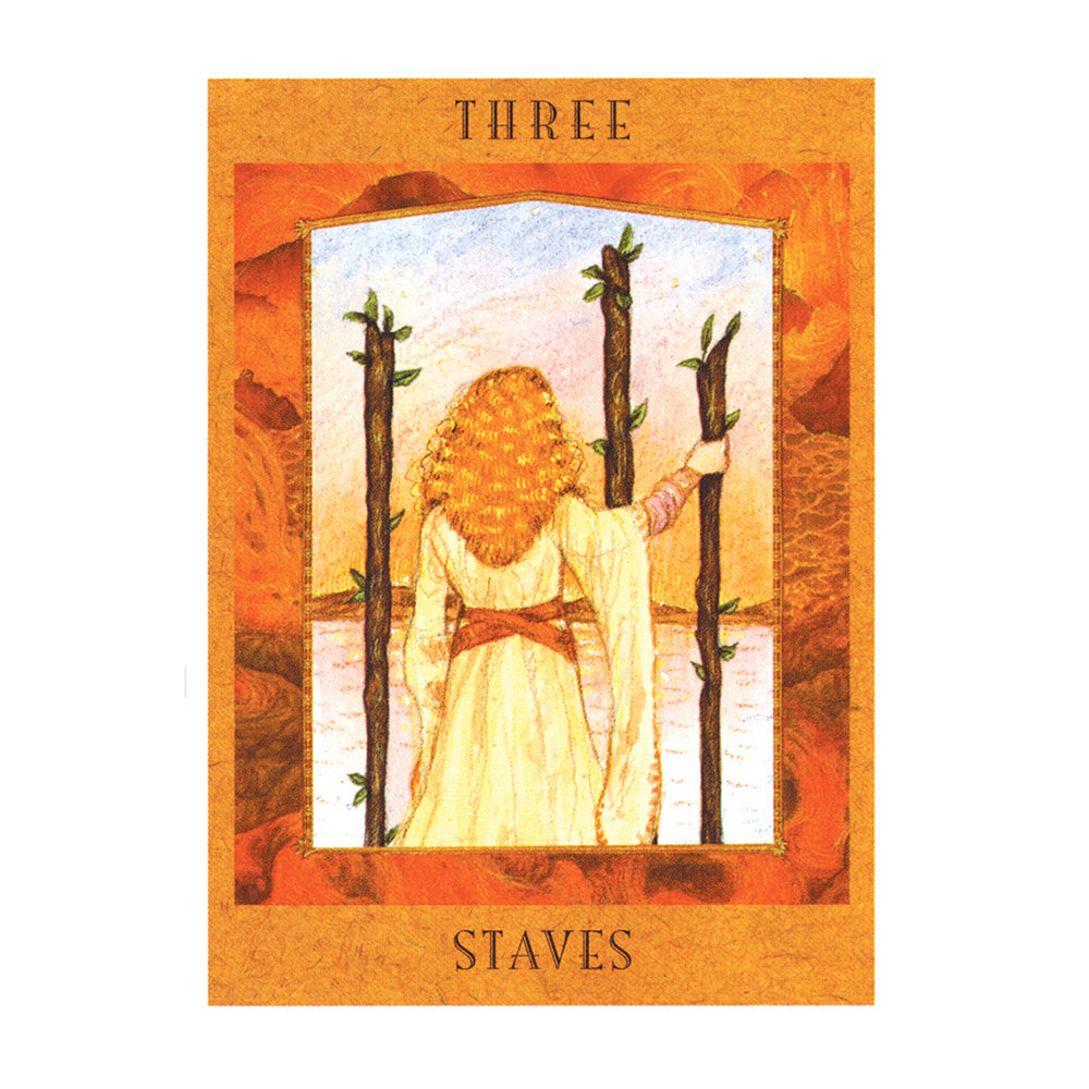 Tarot card featuring a woman holding three staves with an orange border and text.