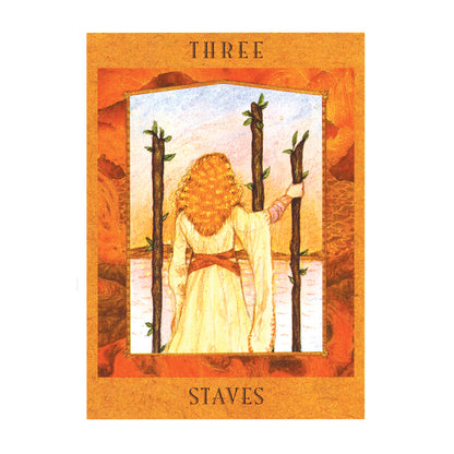 Tarot card featuring a woman holding three staves with an orange border and text.