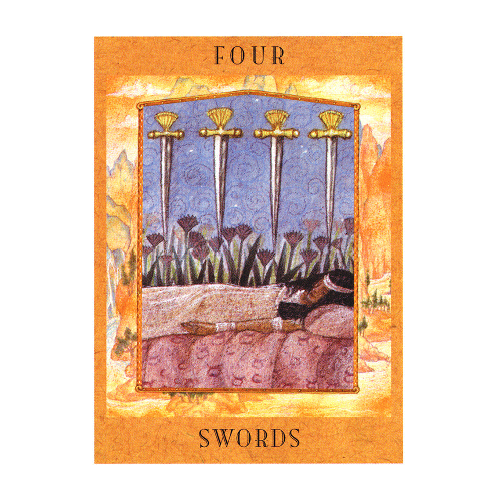 Tarot card titled 'Four Swords' with three swords on a blue background, surrounded by an orange border.