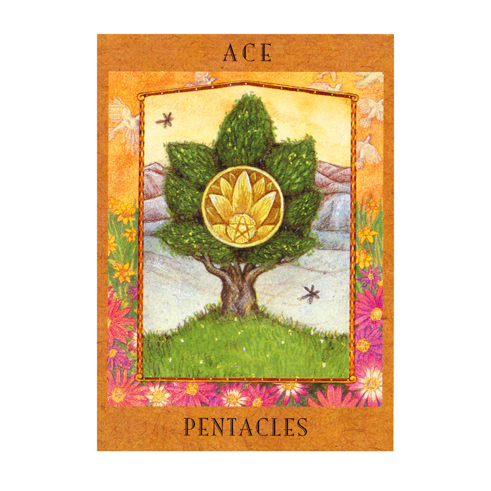 Ace of Pentacles tarot card with a tree and pentacle symbol on a colorful background