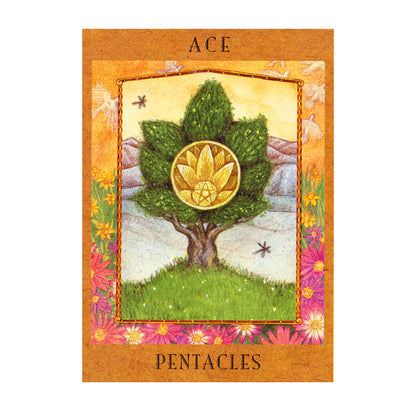 Ace of Pentacles tarot card with a tree and pentacle symbol on a colorful background