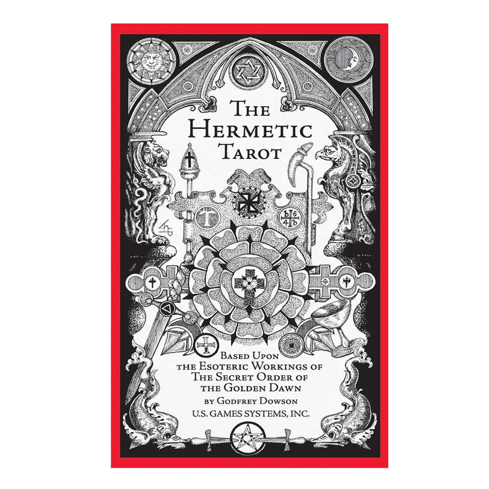 Cover of 'The Hermetic Tarot' with intricate black and white design on a red border.