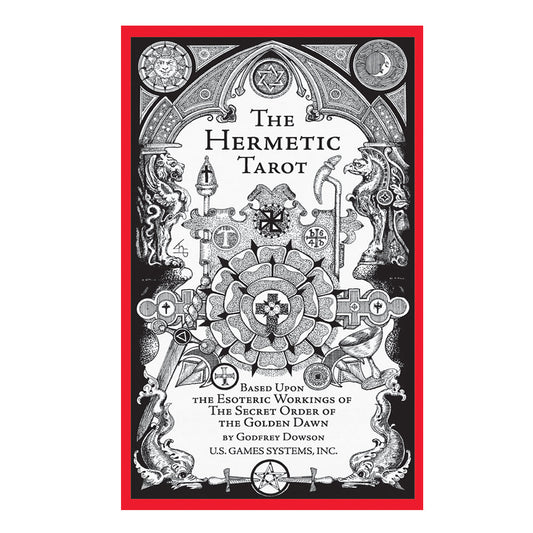 Cover of 'The Hermetic Tarot' with intricate black and white design on a red border.