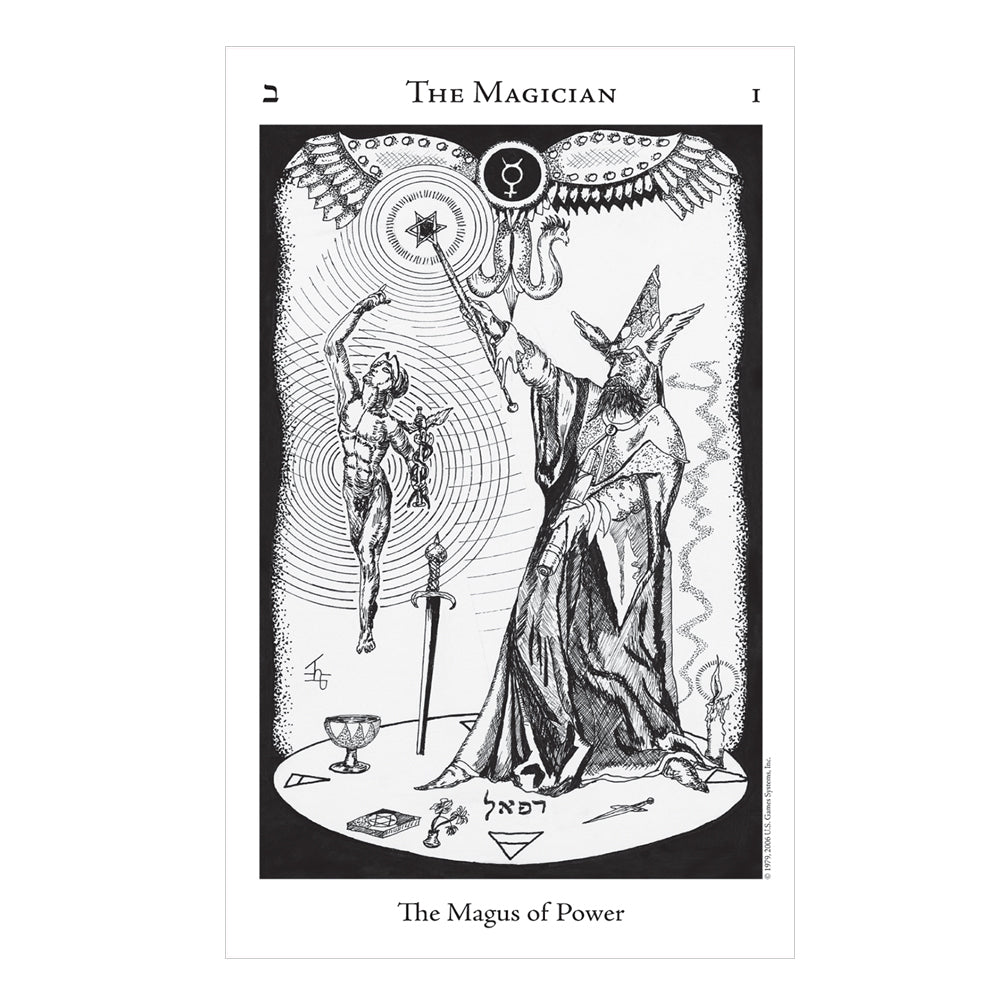 Tarot card titled 'The Magician' with black and white illustration on a white background