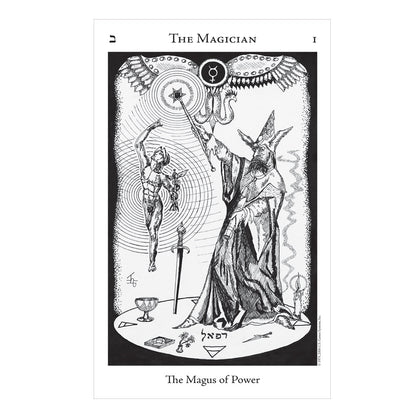 Tarot card titled 'The Magician' with black and white illustration on a white background
