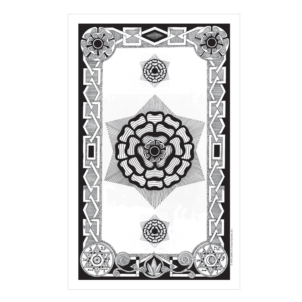 Decorative card with geometric patterns and a central floral design on a white background