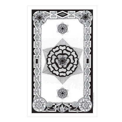 Decorative card with geometric patterns and a central floral design on a white background