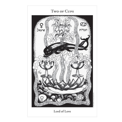 Two of Cups tarot card with black and white illustration on a white background