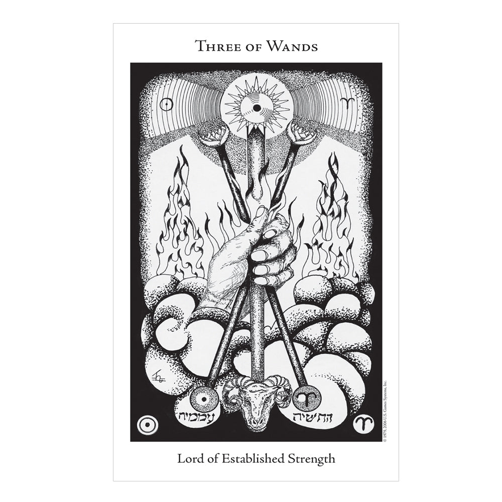 Black and white illustration of 'Three of Wands' tarot card with text at the top and bottom.