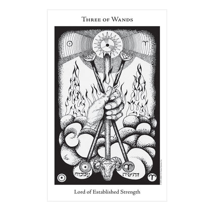 Black and white illustration of 'Three of Wands' tarot card with text at the top and bottom.