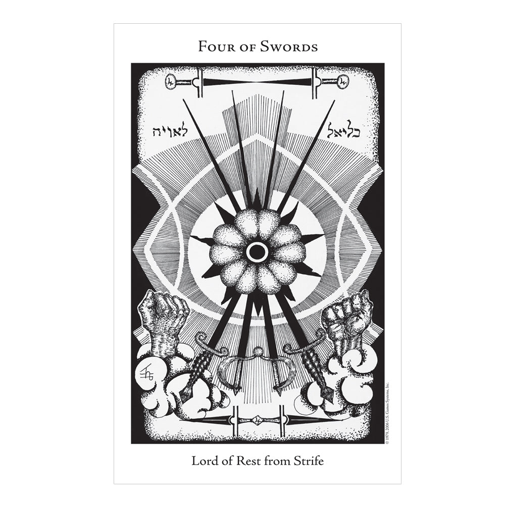 Black and white tarot card featuring the 'Four of Swords' with text at the top and bottom.