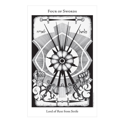 Black and white tarot card featuring the 'Four of Swords' with text at the top and bottom.