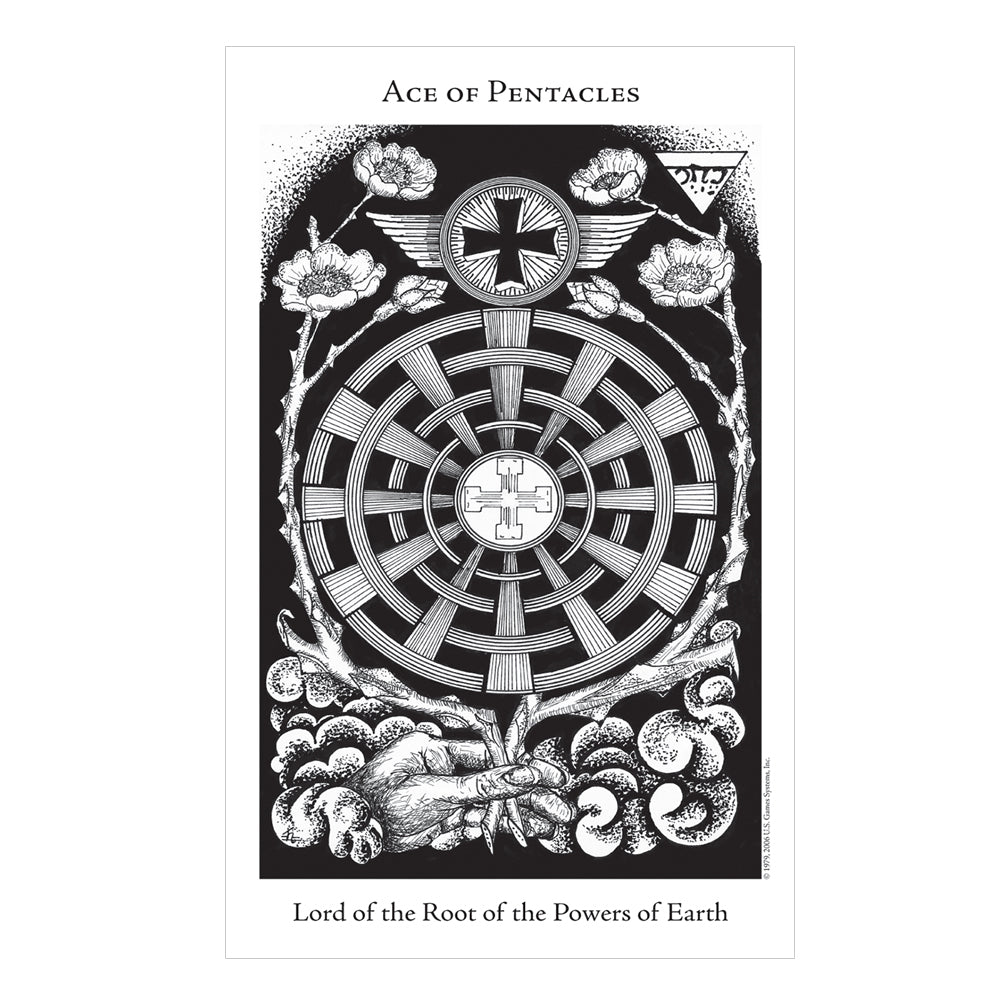 Black and white illustration of a tarot card titled 'Age of Pentacles' with decorative elements.