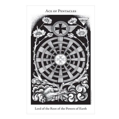 Black and white illustration of a tarot card titled 'Age of Pentacles' with decorative elements.