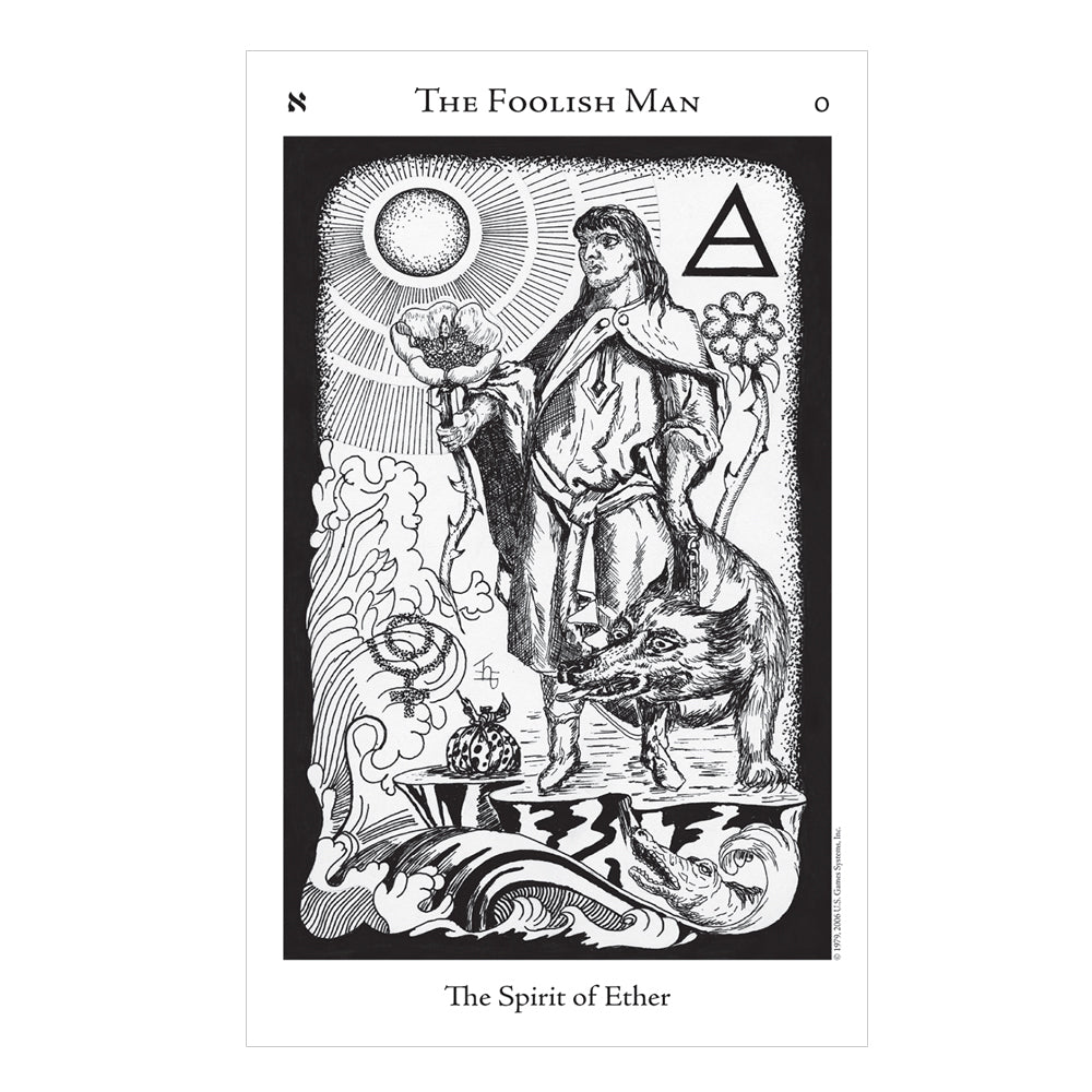 Black and white illustration of 'The Foolish Man' tarot card with a person holding a globe and a wolf.