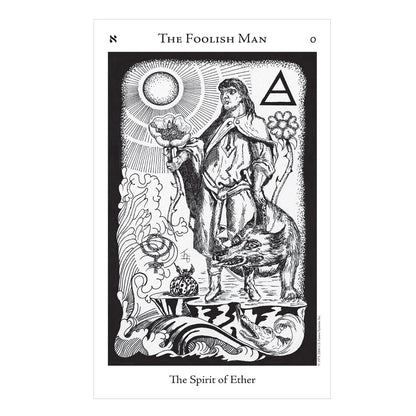 Black and white illustration of 'The Foolish Man' tarot card with a person holding a globe and a wolf.