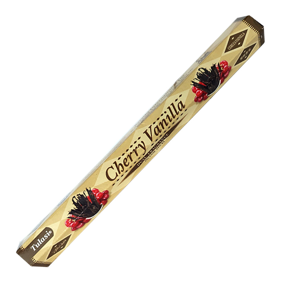 Tulasi Cherry Vanilla incense stick box with red berries and black leaves on a white background