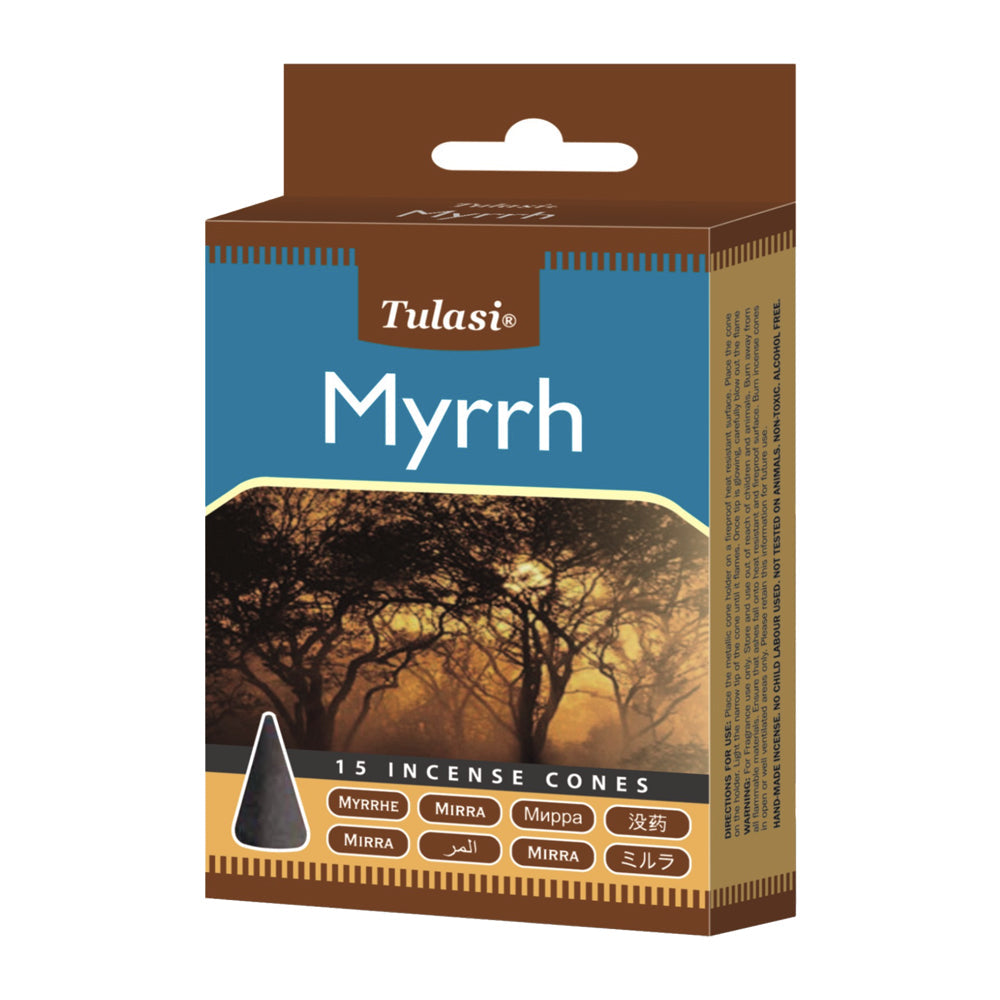 Tulasi Myrrh incense cones packaging with tree design on a white background