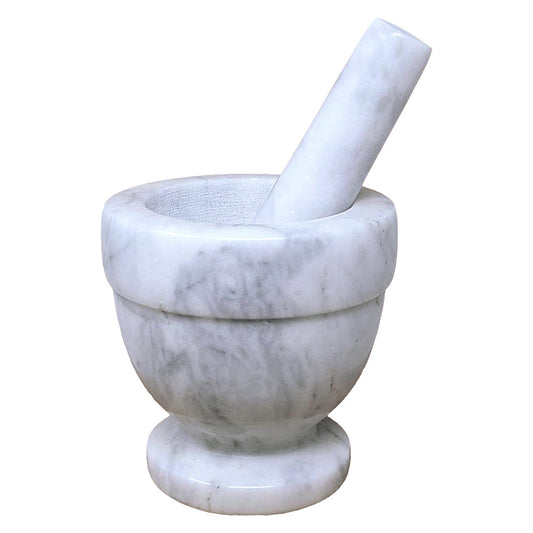 White marble mortar and pestle on a white background