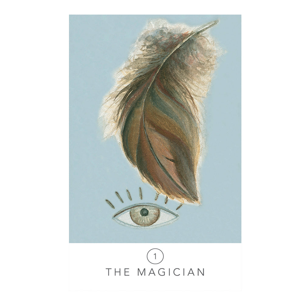 Feather and eye illustration with 'The Magician' text on a light blue background