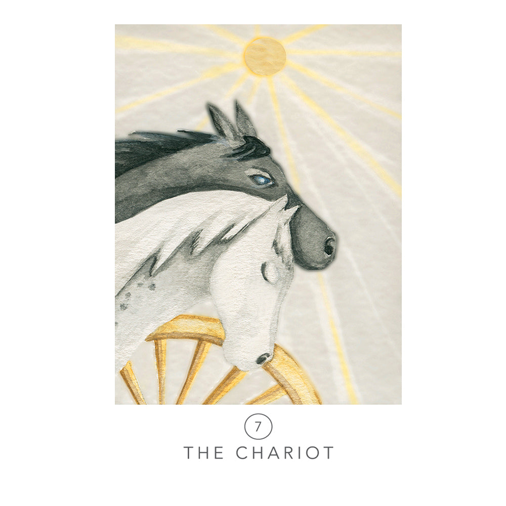 Illustration of a horse and chariot with a sun in the background, labeled 'The Chariot'.