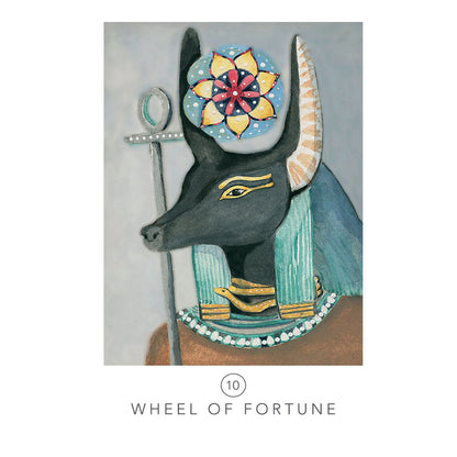 Decorative card with an Egyptian-themed design featuring a cat-like creature, a wheel of fortune, and an ankh on a gray background.