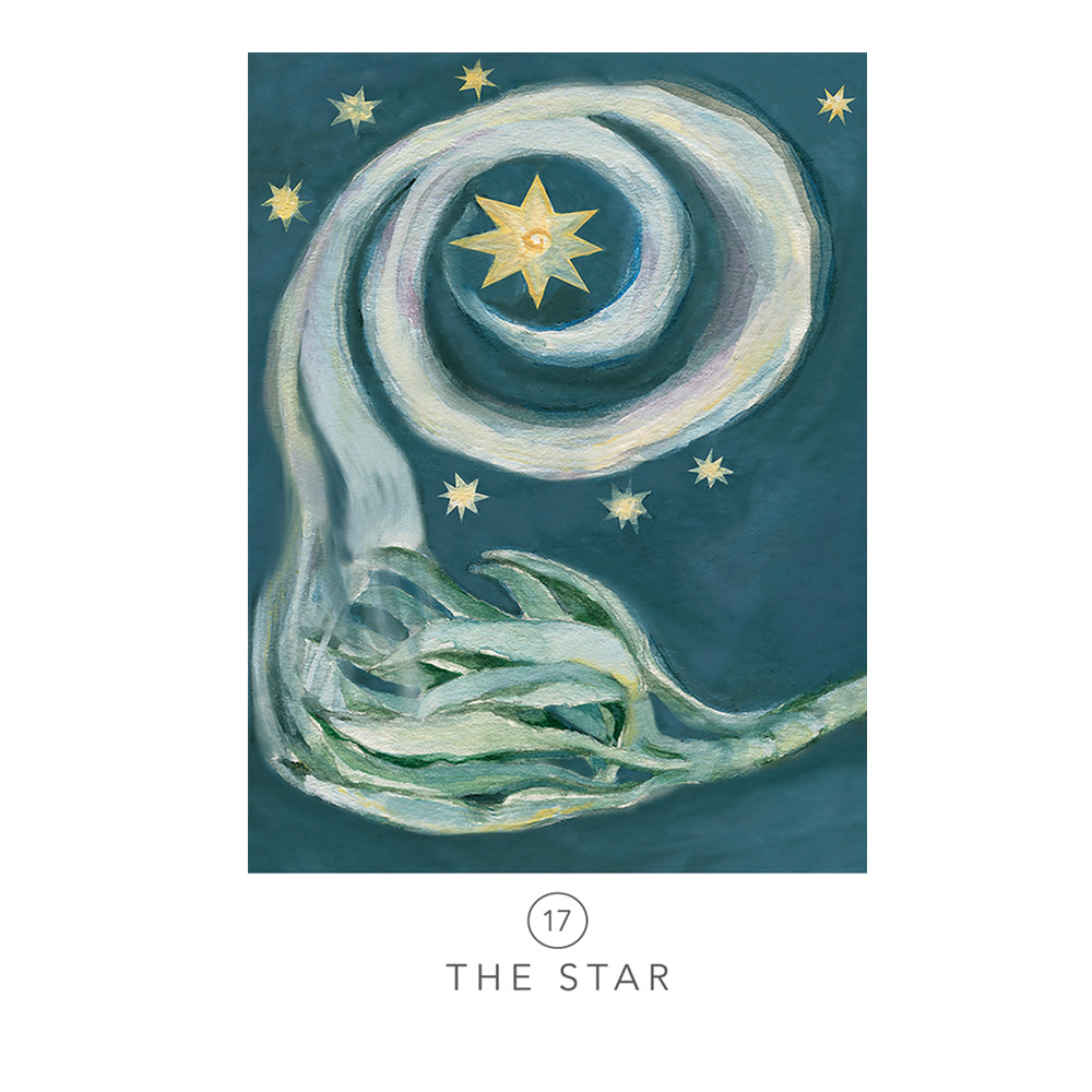 Artistic depiction of 'The Star' from a tarot card, featuring a spiral with stars and a central star.