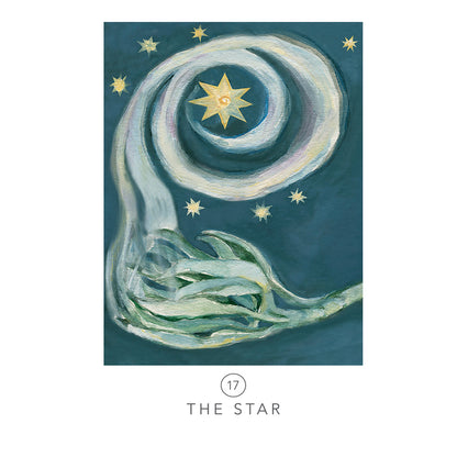 Artistic depiction of 'The Star' from a tarot card, featuring a spiral with stars and a central star.
