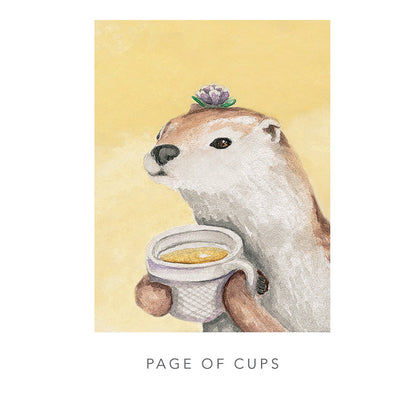 Illustration of an otter holding a cup with a yellow background, titled 'Page of Cups'.