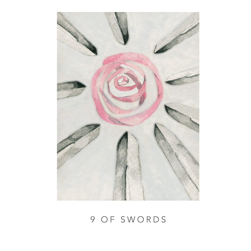 Card with a pink rose in the center surrounded by swords on a white background, labeled '9 of Swords'.