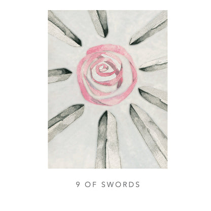 Card with a pink rose in the center surrounded by swords on a white background, labeled '9 of Swords'.