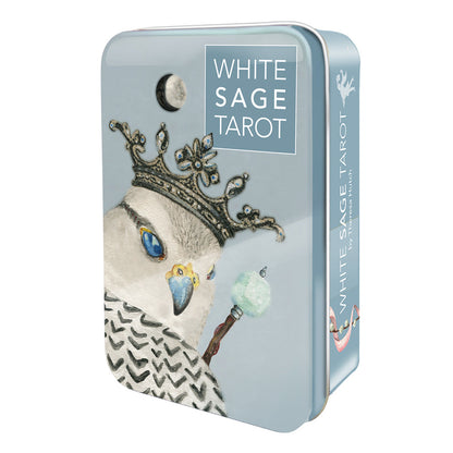 White Sage Tarot card packaging with a bird illustration and decorative elements on a light blue background.