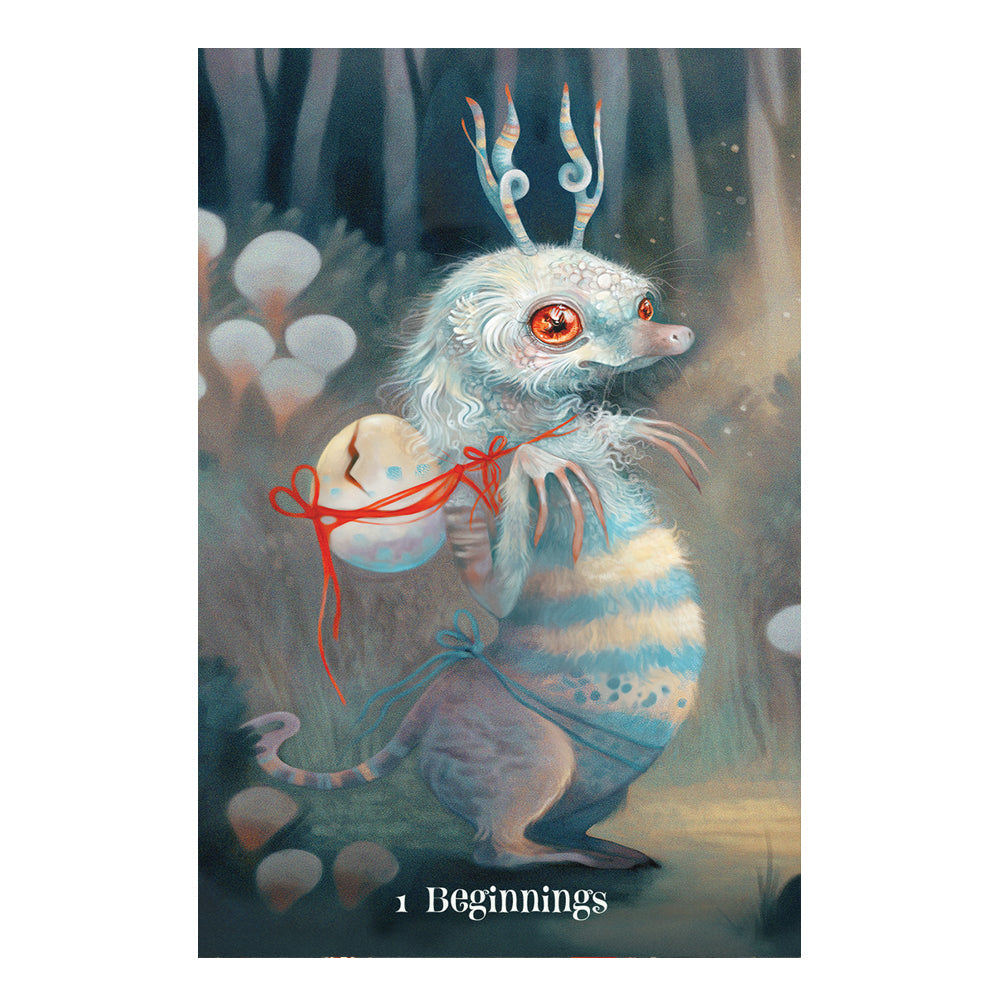Fantasy creature with antlers and a egg-shaped object in a mystical forest setting, featuring the text '1 Beginnings'.