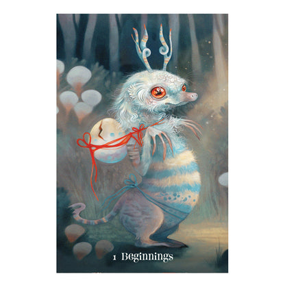 Fantasy creature with antlers and a egg-shaped object in a mystical forest setting, featuring the text '1 Beginnings'.