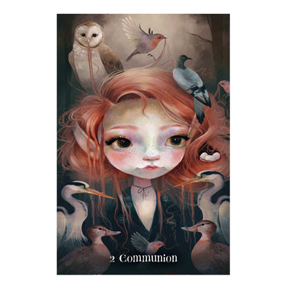 Illustration of a girl with birds around her head and shoulders, titled '2 Communion'.