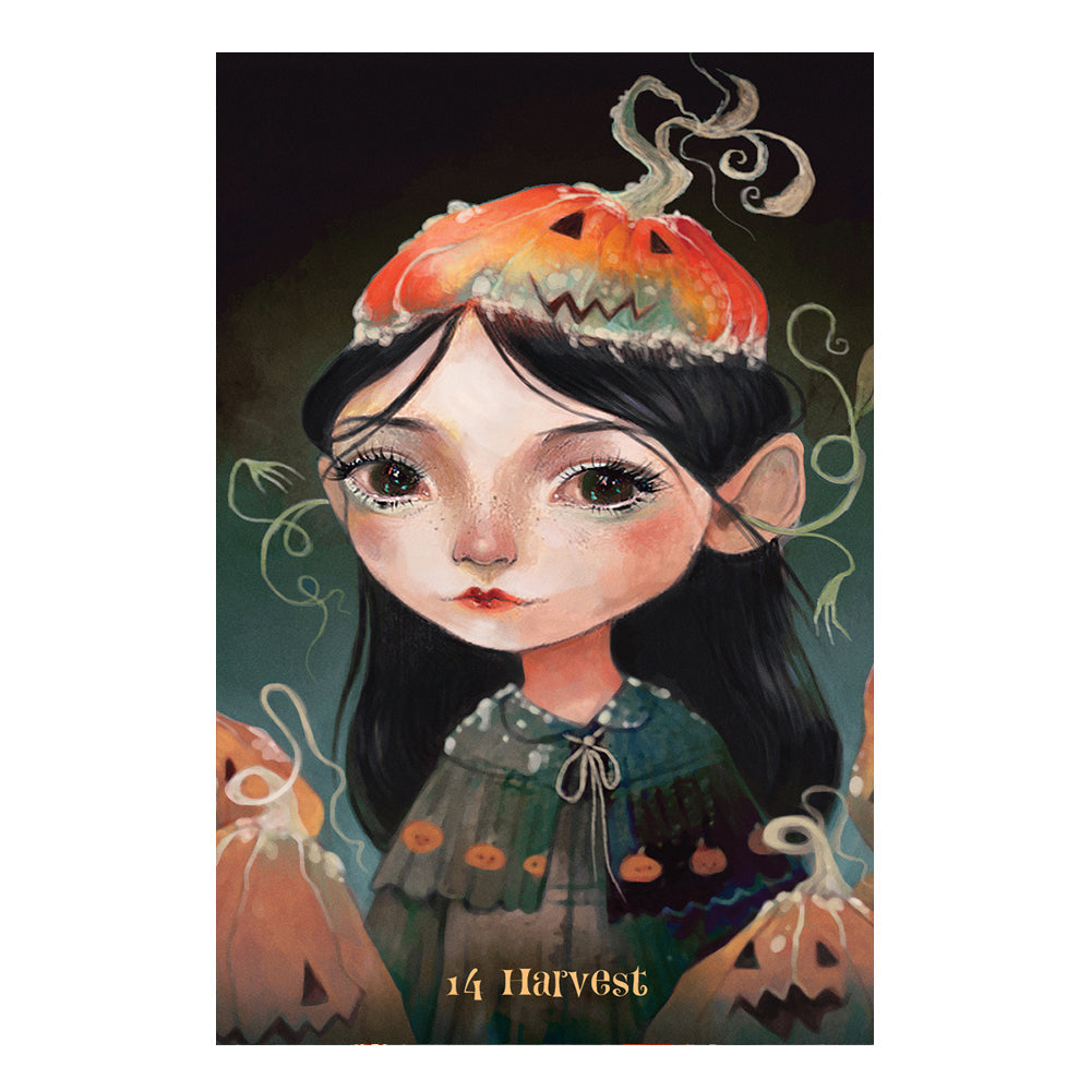 Illustration of a girl with a pumpkin on her head, surrounded by pumpkins, with '14 Harvest' text.