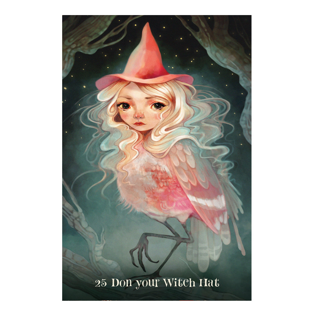 Illustration of a girl wearing a witch hat with a mystical background and the words, "25 don your witch hat"