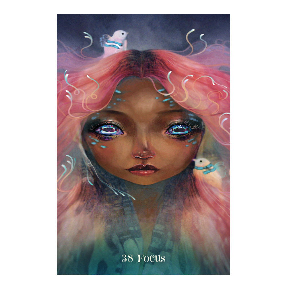 Artistic depiction of a person with pink hair and blue eyes, surrounded by abstract elements and the words, "38 focus"