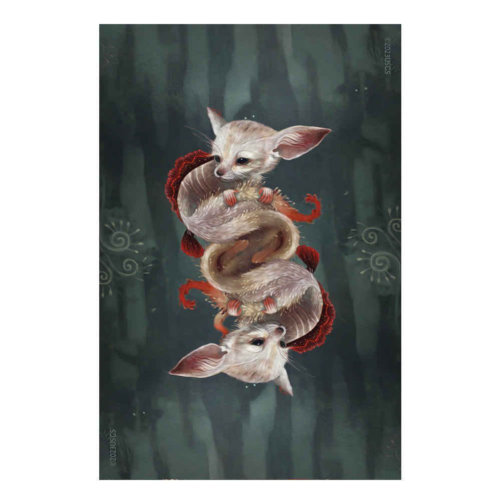 Illustration of two small fennec foxes with large ears and red accents on a dark background that are mirror images top to bottom
