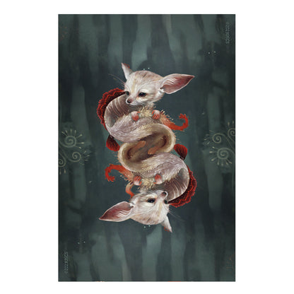 Illustration of two small fennec foxes with large ears and red accents on a dark background that are mirror images top to bottom